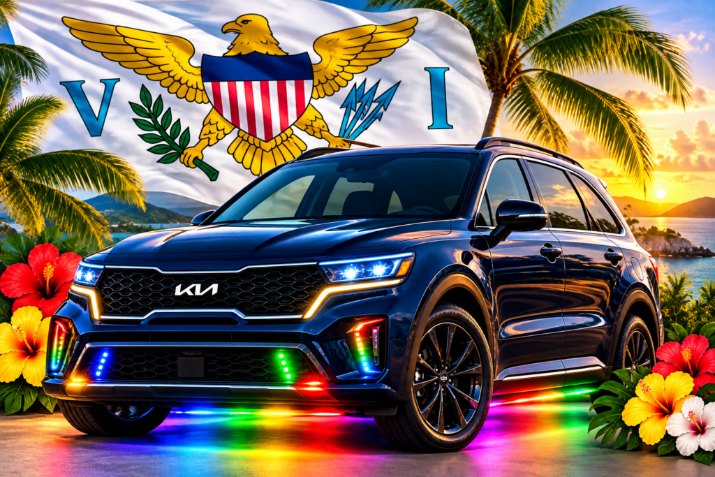 Dark blue Kia SUV with U.S. Virgin Islands flag and tropical Caribbean background